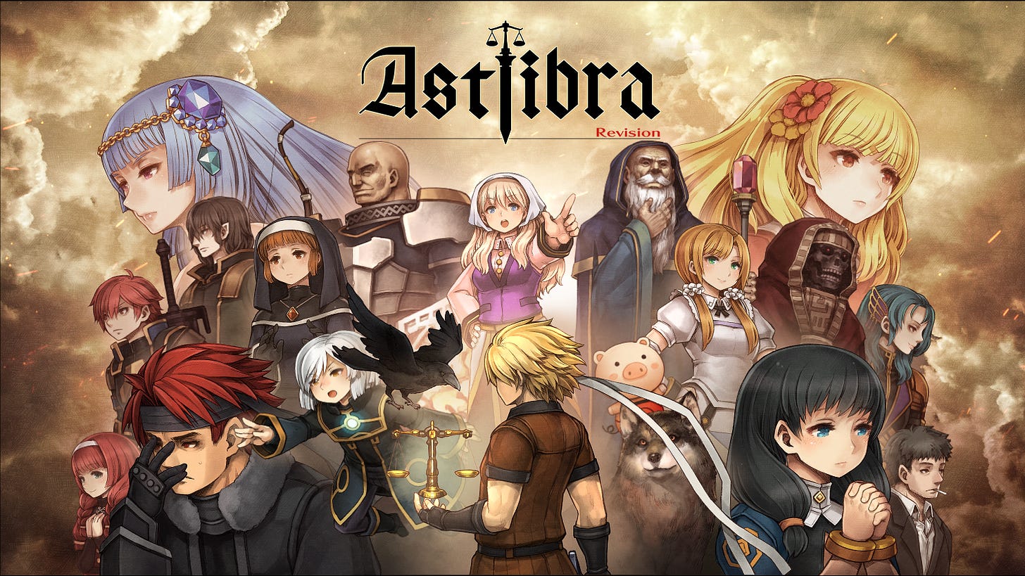 Promotional art for Astlibra Revision, featuring many of the game's primary characters in various poses.
