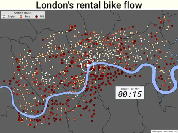 I wanted to know how the London cycles move around London, so I did this animation. Thought you may find it interesting too. : london