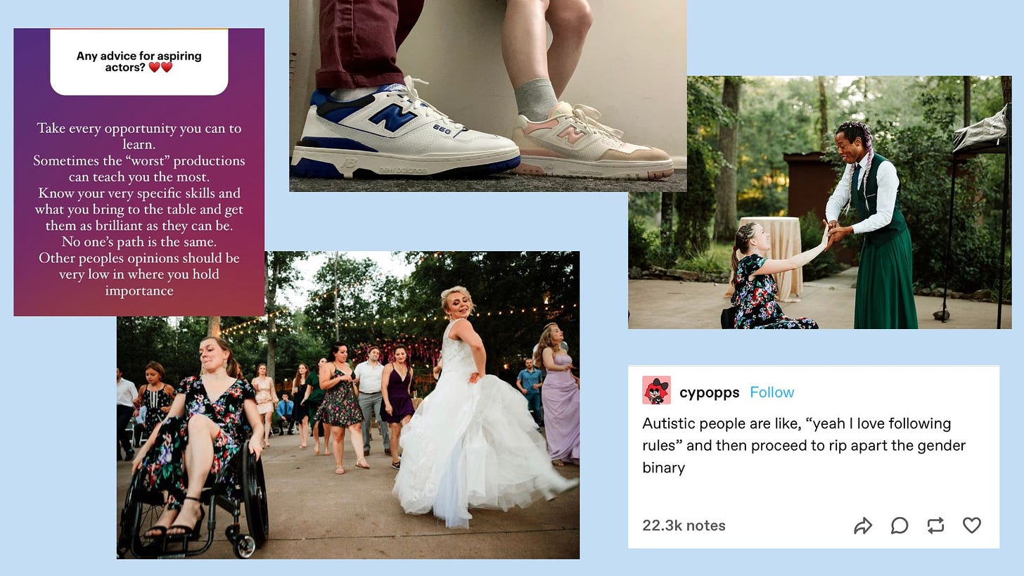 collage of matching blue and pink new balance 550 sneakers, wedding photos, and memes
