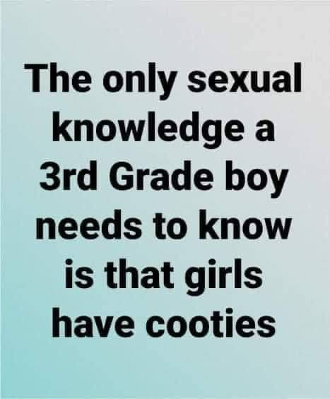 May be an image of text that says 'The only sexual knowledge a 3rd Grade boy needs to know is that girls have cooties'