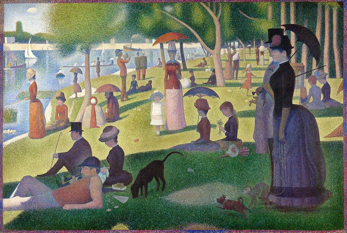 In his best-known and largest painting, Georges Seurat depicted people relaxing in a suburban park on an island in the Seine River called La Grande Jatte.
