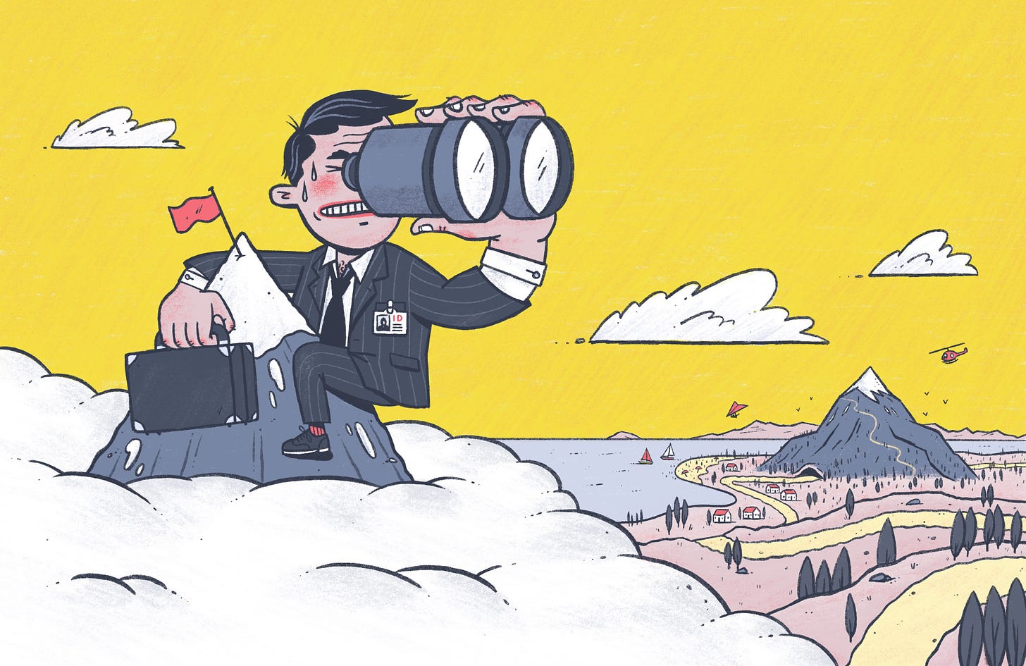 A man in a suit is on top of a mountain, looking through binoculars at another mountain far away. 