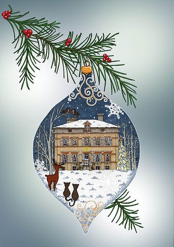 A scene inside a decorative Christmas bauble, showing a French chateau at night in the snow surrounded by trees, with a deer and two cats looking at it from the foreground.