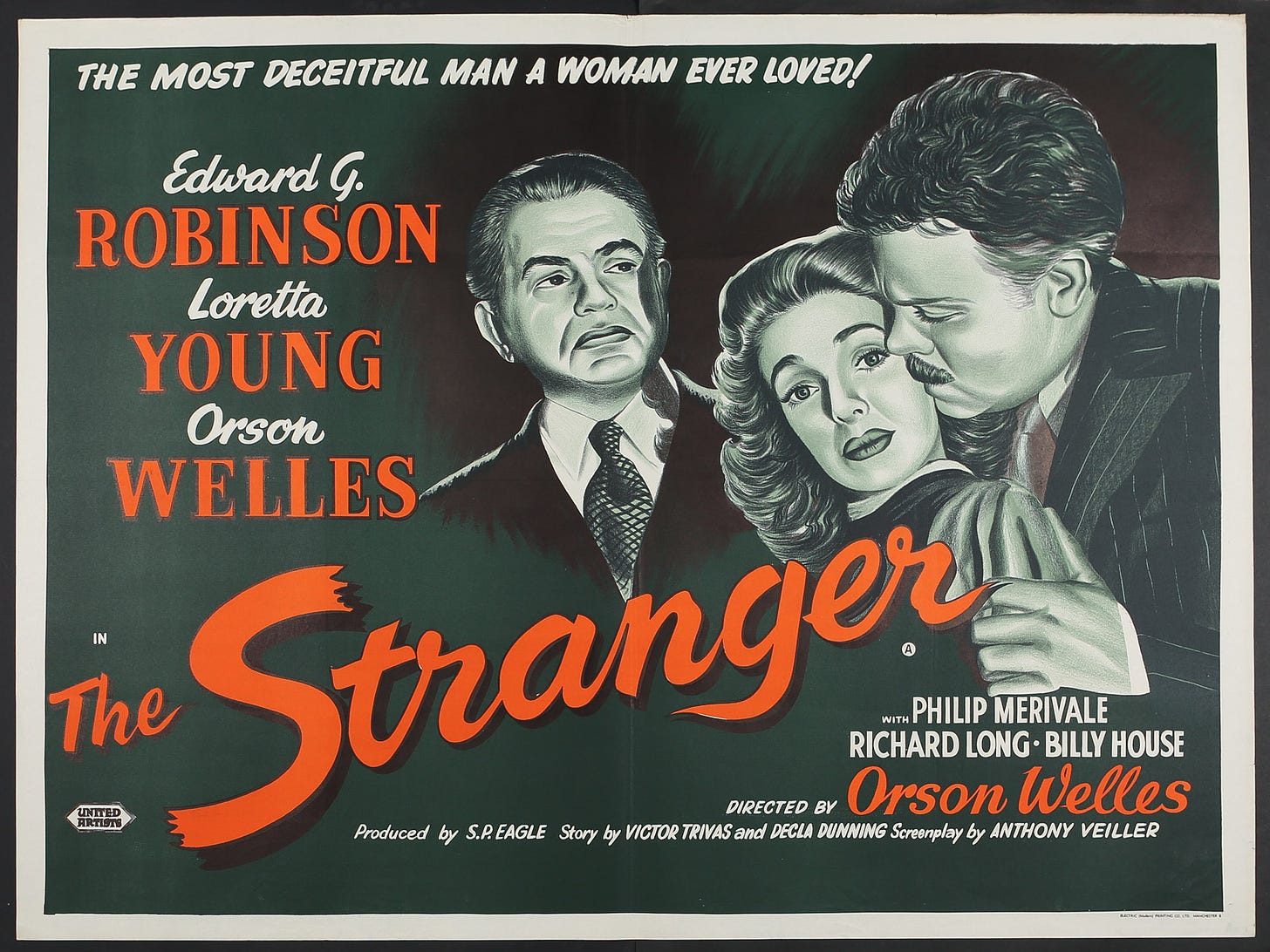 The Stranger : Directed &amp; starring Orson Welles with Edward G.Robinson,  Lorretta Young : Film Noir Original UK Quad Poster : Pleasures of Past Times