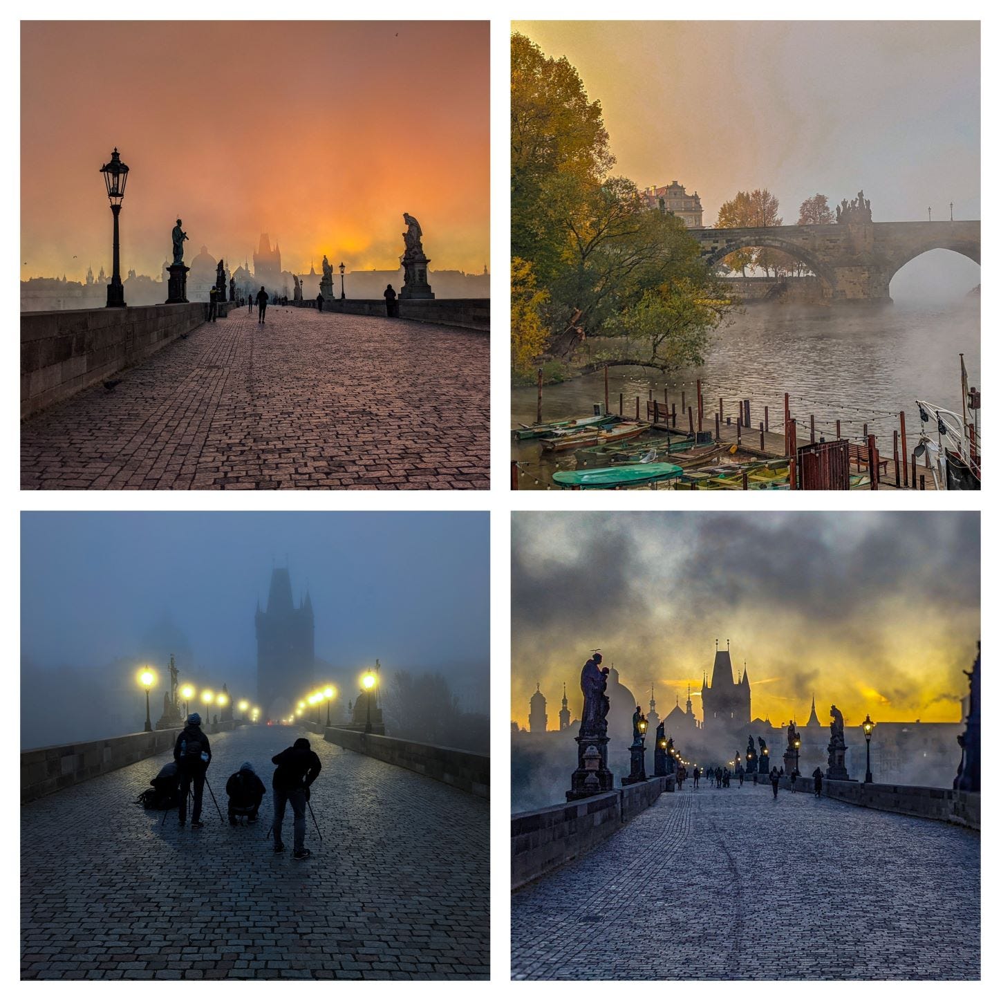 Four photos showing Prague's Charles Bridge on foggy mornings. 