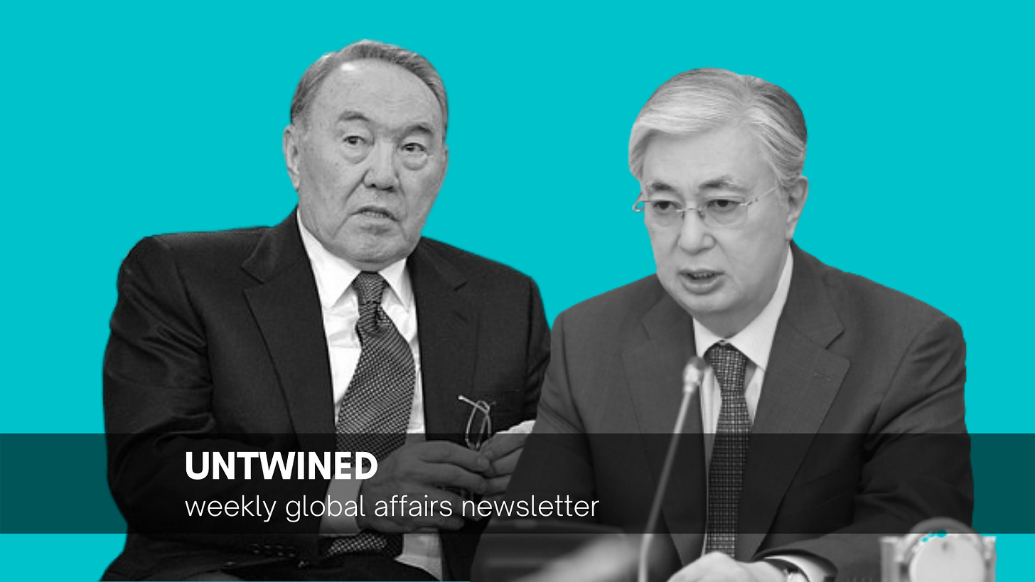Former Kazakh president Nursultan Nazarbayev (left) and President Kassym-Jomart Tokayev (Original images: Kremlin.ru, CC BY 3.0, via Wikimedia Commons (modified for collage) and Twitter/@TokayevKZ)