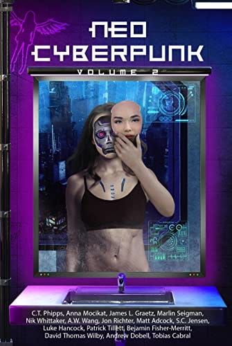 Neo Cyberpunk volume 2 the anthology cover. A woman looking in the mirror taking off her face to reveal robotics behind it. 