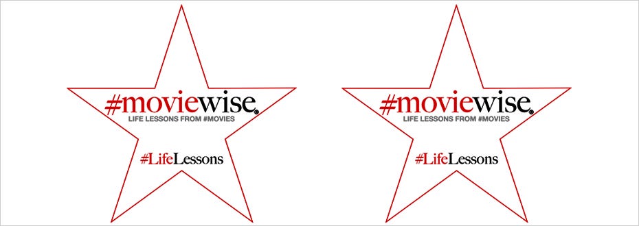 Two red Hollywood Walk of Fame-like stars side by side with the text, ‘moviewise: Life Lessons From Movies’ inside.