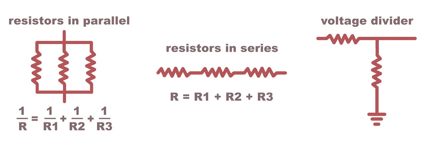 Schematic diagram of resistors in parallel, resistors in series, and a voltage divider