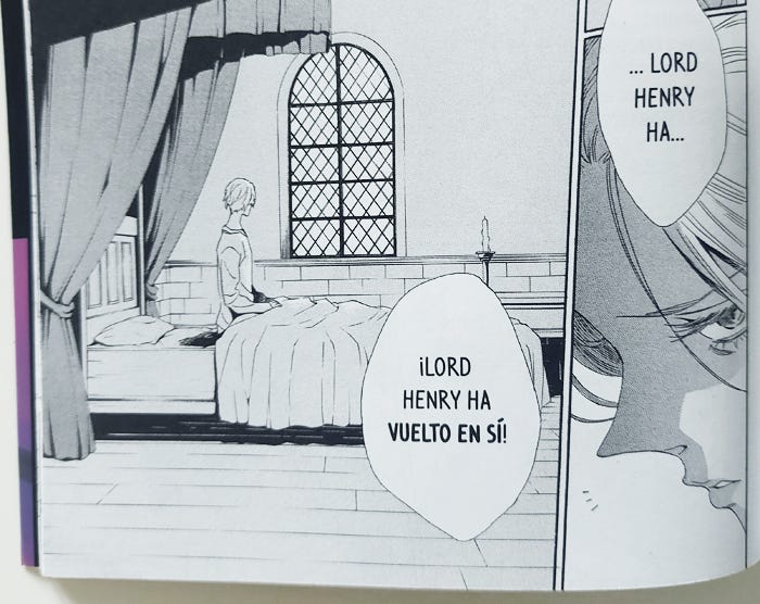 Momento del manga donde se ve a Henry despertando en la cama y el diálogo anuncia que el monarca "ha vuelto en sí".