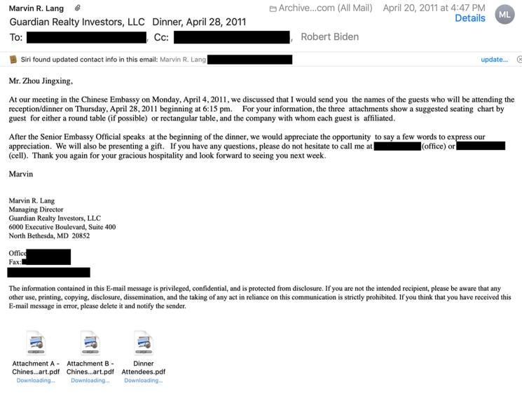 The email exchange between Hunter Biden, Marvin Lang, and associates.