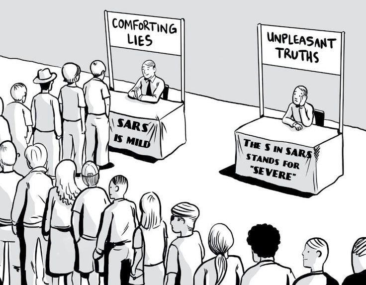 Cartoon shows a bunch of people in line at one booth that’s labeled Comforting Lies SARS is mild. The other booth has nobody has nobody in line and it is labeled Unpleasant Truths, The S in SARS stands for SEVERE.