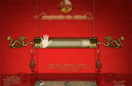 um print do site Segredo da China, com uma temática chinesa e um espaço para serem inseridos cinco símbolos