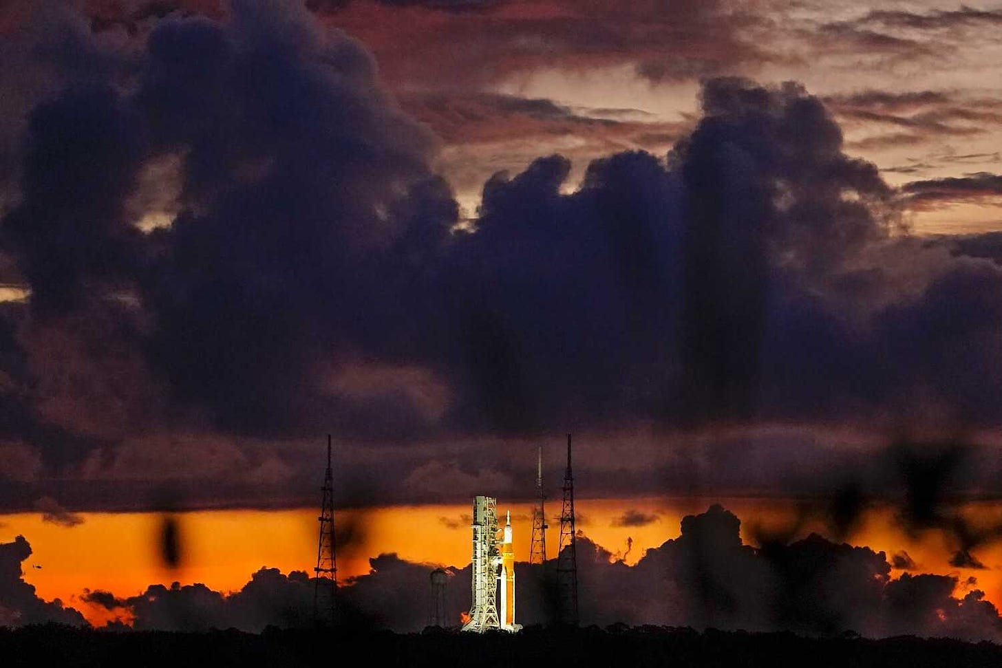 The Artemis I mission on the launchpad at Kennedy Space Center, at sunrise on Monday.