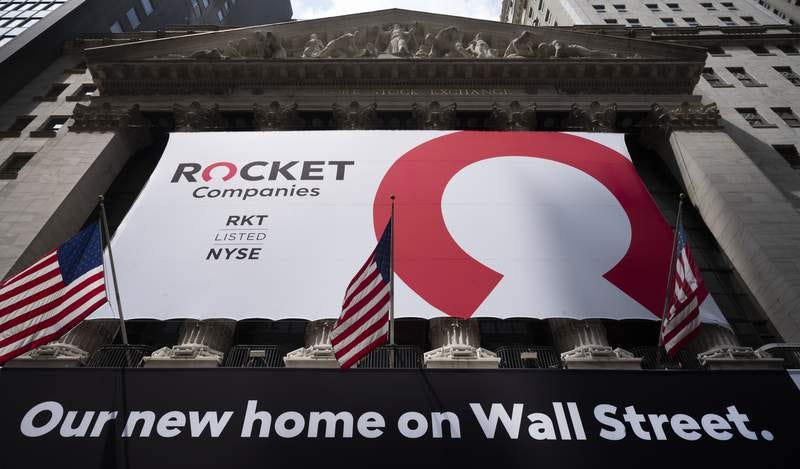 A Rocket Companies sign is displayed on the exterior of the New York Stock Exchange