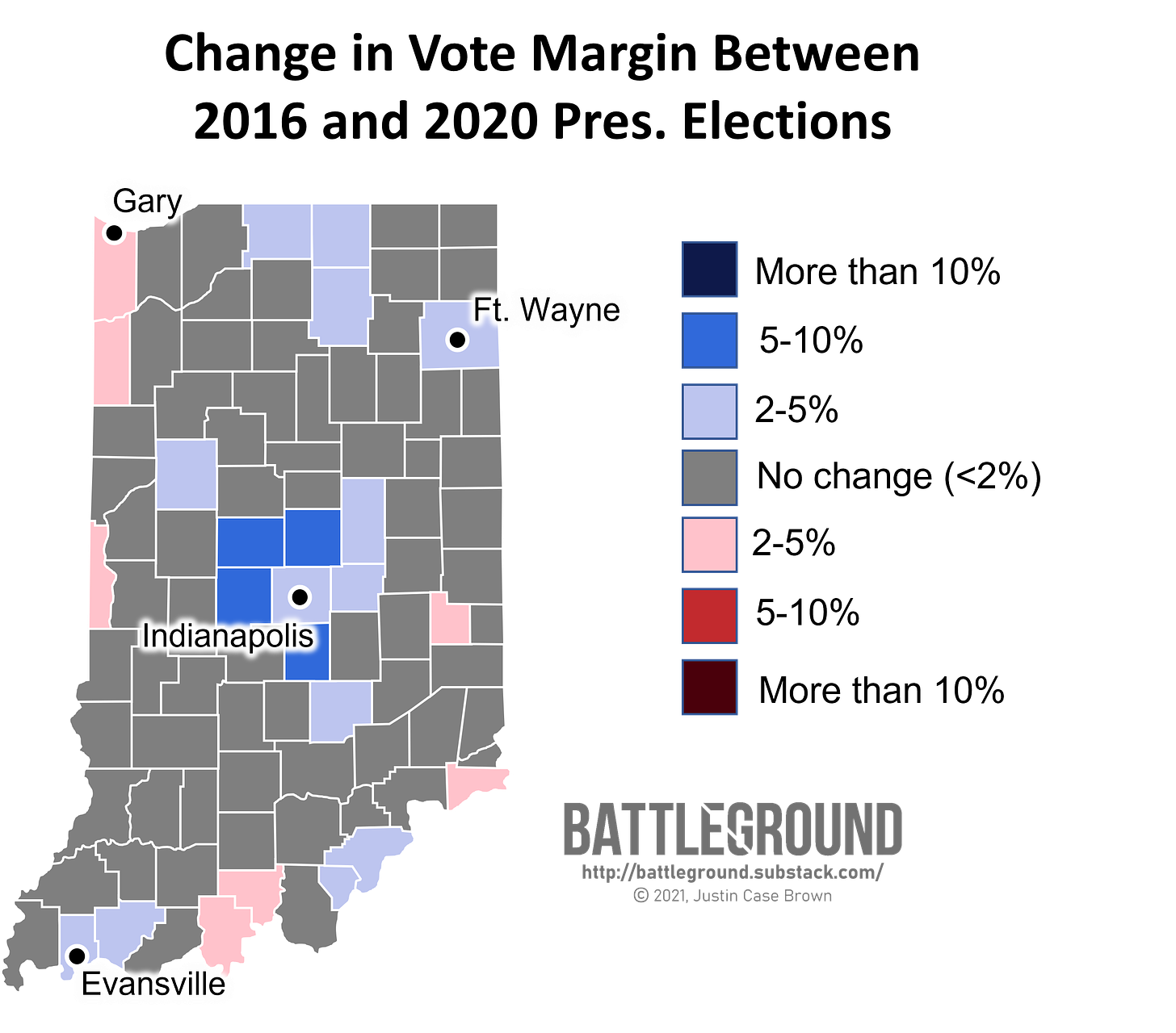 Change in Vote Margin Between 2016 and 2020 Presidential Elections in Indiana