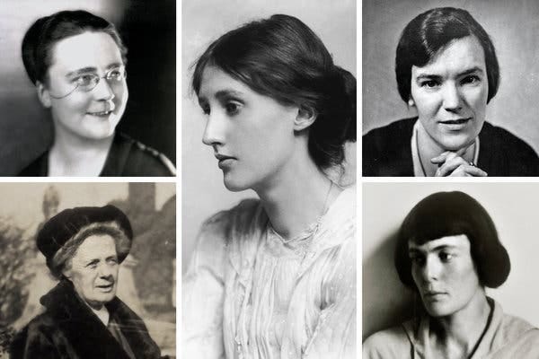 Clockwise from top left: Dorothy Sayers, Virginia Woolf, Eileen Power, Hilda Doolittle, and Jane Ellen Harrison.