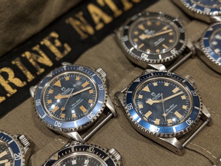 © WATCHISTRY | The “bars and dots” dial layout on the Tudor Submariner ref. 9401/0 (Submariner at top right, above) is especially rare. This example is engraved M.N. 80 on the case back and was issued to the  Agosta  submarine, the flagship of France’s Agosta class of submarines (of which the  La Praya , above, was its sister ship).