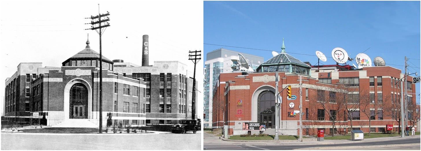 An old black-and-white photo of the Crosse & Blackwell building next to a colour photo of it in its TV station days.