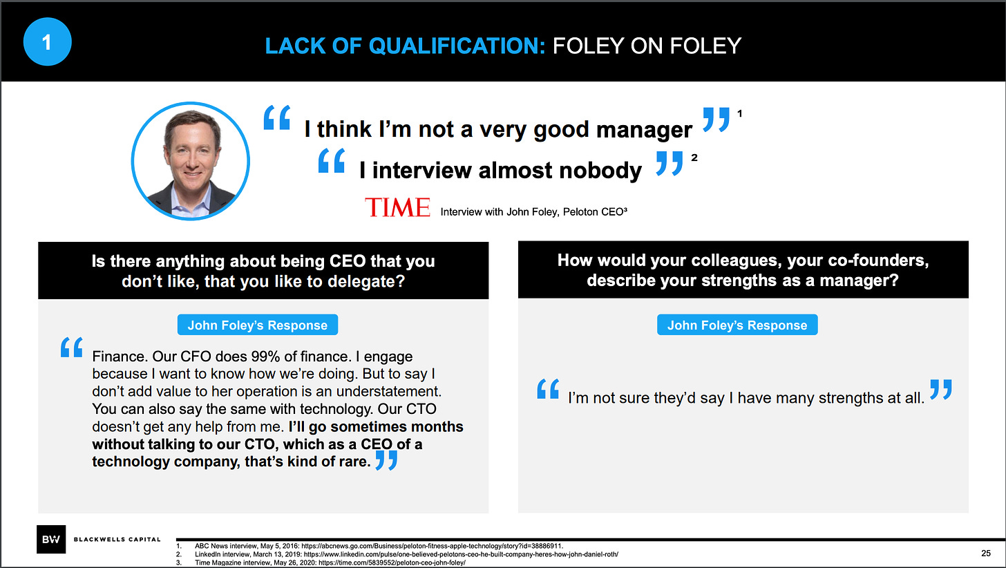 Powerpoint slide 25, which is even worse. Titled “LACK OF QUALIFICATION: FOLEY ON FOLEY” it includes quotes from Foley himself saying things like “I think I’m not a very good manager” and “I interview almost nobody.” Also his answer to the question “How would your colleagues, your co-founders, describe your strengths as a manager?” is “I’m not sure they’d say I have many strengths at all.” Yikes.