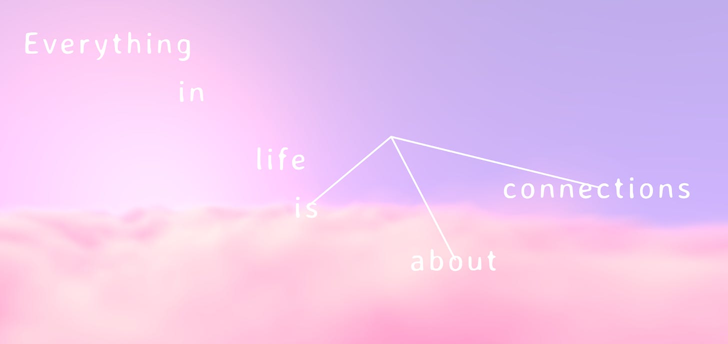White text on pink and purple sky reading Everything in life is about connections