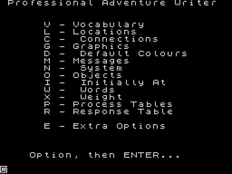 Screenshot of PAW, showing a menu of options for creating a text adventure program: the first view are V - Vocabulary, L - Locations, C - Connections...