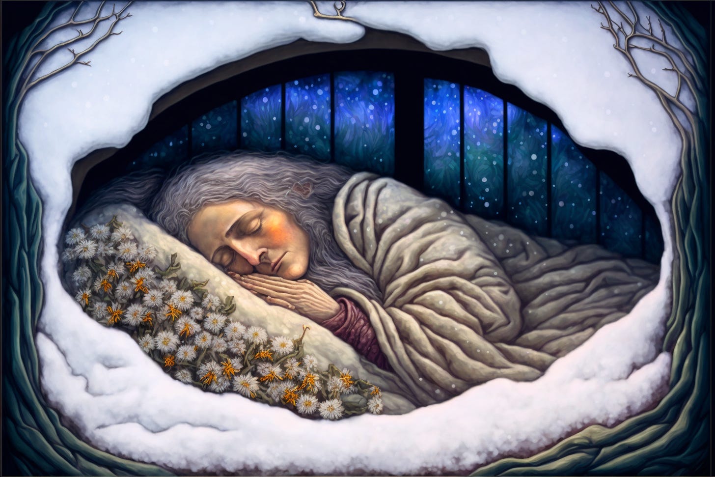 wise grandmother hibernating through the winter under a blanket of snow