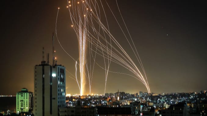 Rockets are launched from Gaza city, controlled by the Palestinian Hamas movement, in response to an Israeli air strike on a 12-storey building in the city, towards the coastal city of Tel Aviv, on May 11, 2021.