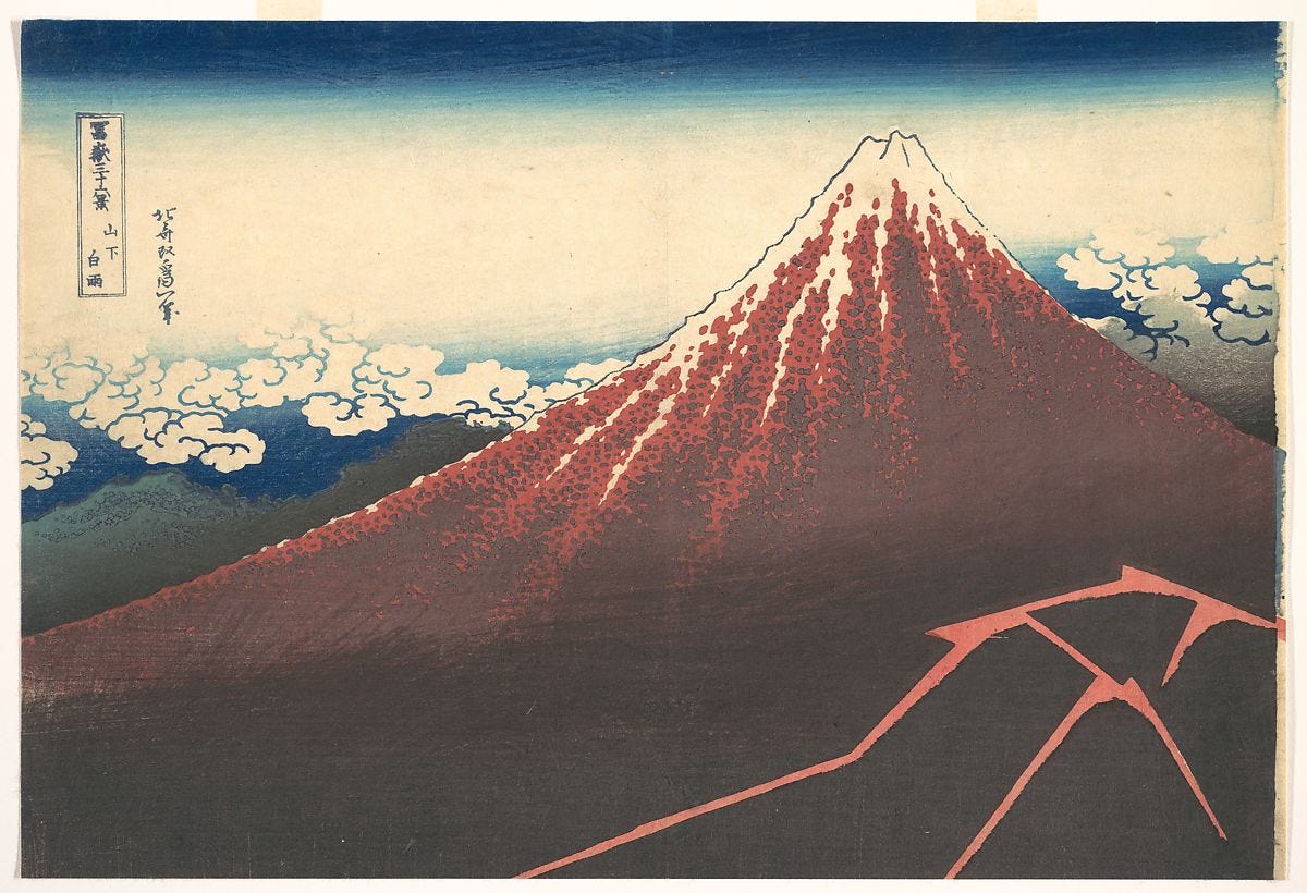 Storm below Mount Fuji (Sanka no haku u), from the series Thirty-six Views of Mount Fuji (Fugaku sanjūrokkei), Katsushika Hokusai (Japanese, Tokyo (Edo) 1760–1849 Tokyo (Edo)), Woodblock print; ink and color on paper, Japan 