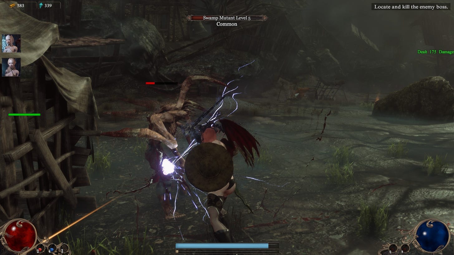 A sword-wielding succubus slashes a monster