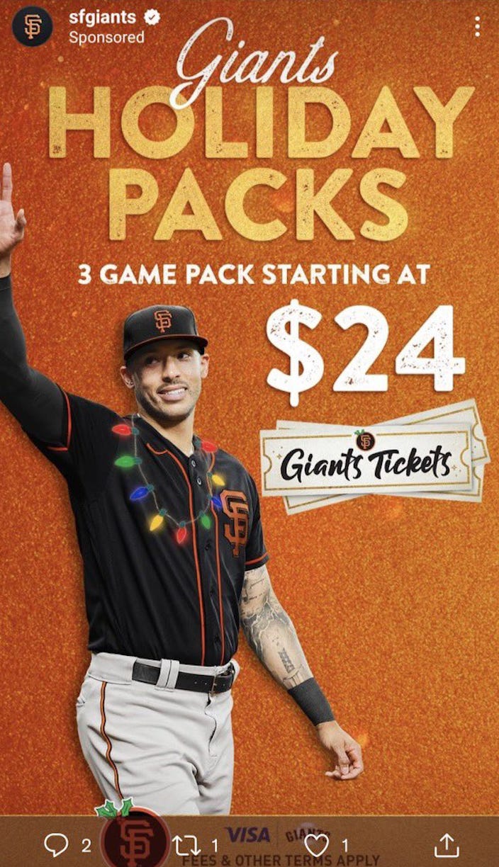 Giants season tickets ad featuring Carlos Correa photoshopped into a Giants uniform