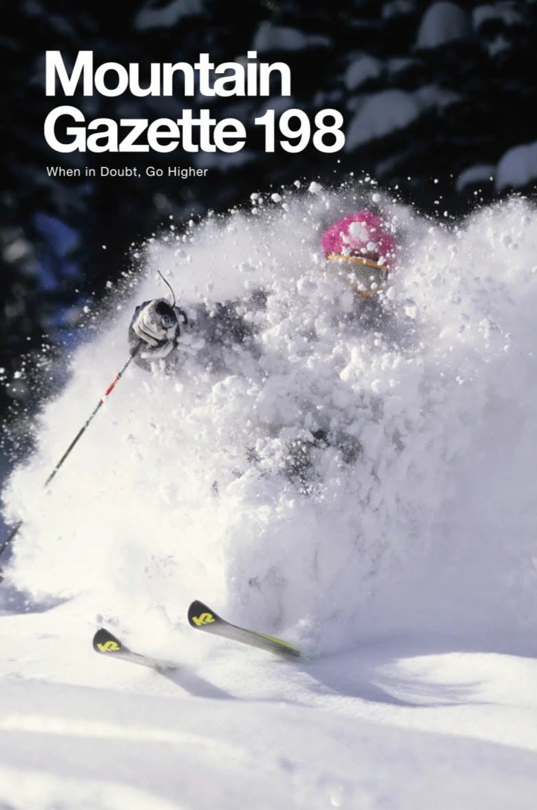 Seth Morrison skiing deep powder snow on the cover of Mountain Gazette issue 198.