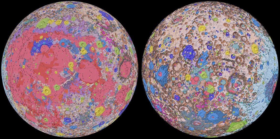Orthographic projections of the “Unified Geologic Map of the Moon” showing the geology of the Moon’s near side (left) and far si