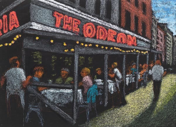 Jane Dickson’s “Odeon” (2022). Since the 1970s, for her series “Times Square &amp; the City at Night,” the New York-based artist has depicted well-known places and their signage by visiting them after dark; for this version, made exclusively for T, she stopped by the Odeon in TriBeCa during its now-bustling twilight hours.