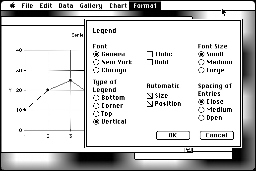The Format chart legend dialog box in Microsoft Chart 1.0)