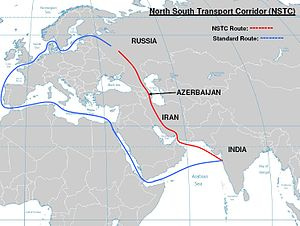 Map of NSTC with drawn lines for overland and maritime routes