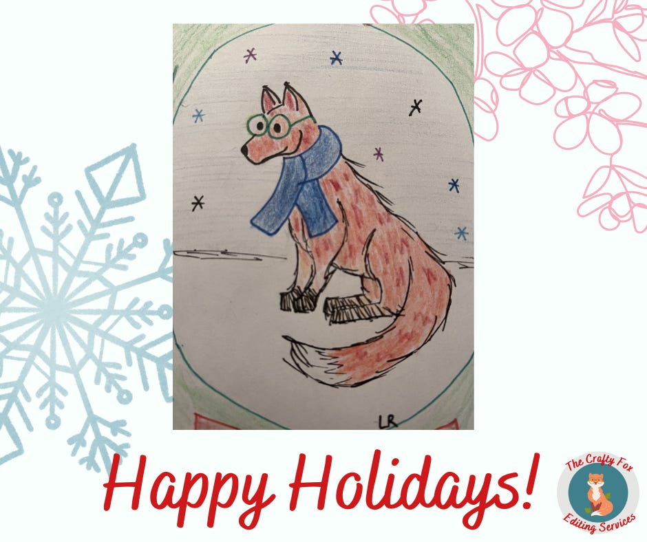 Drawing of a red fox wearing green glasses and a blue scarf, sitting in a field of snow. A wreath border is cut out of frame.