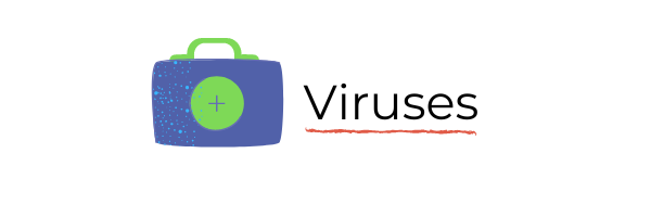 "Viruses" section header. An image of a medical case bearing a medical cross, in purple with the medical cross logo appearing in green, is shown next to the word "viruses," which is underlined in red.