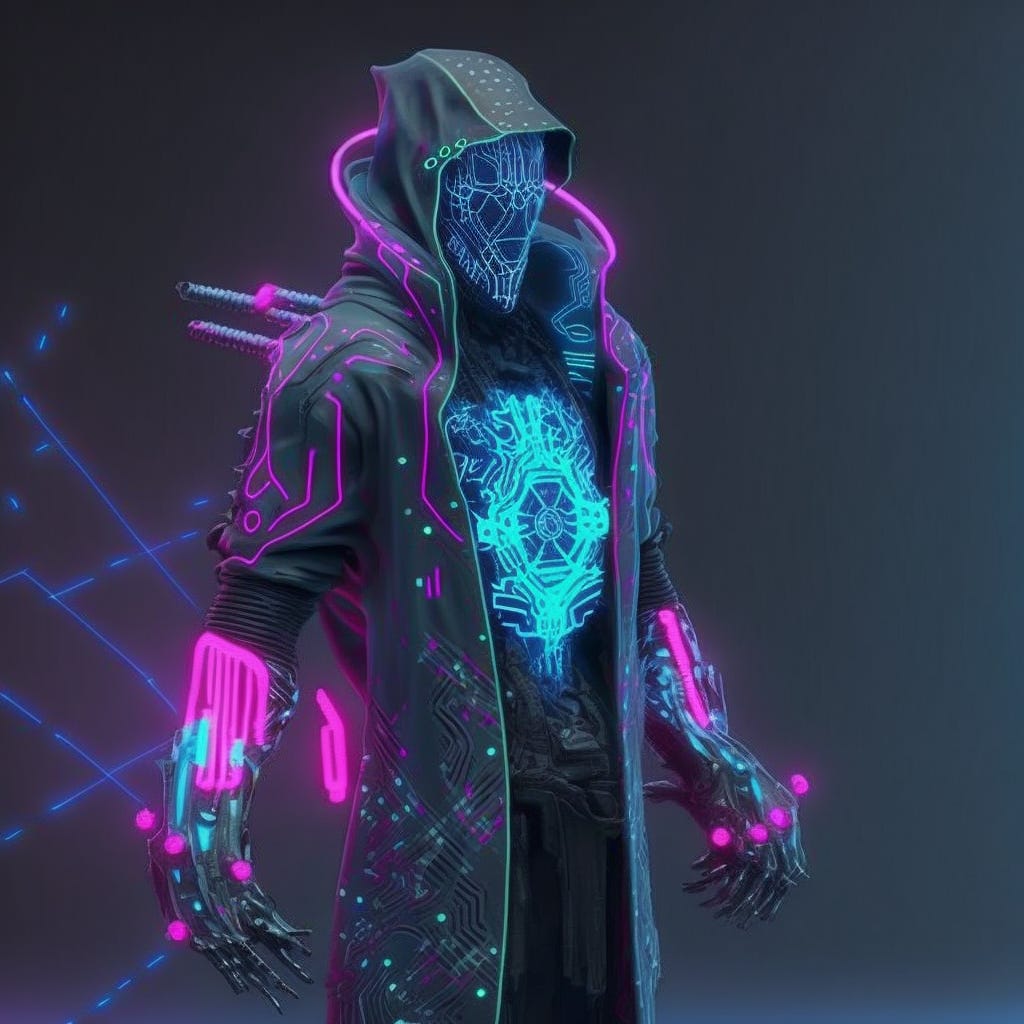 neon cyber mage, cyberpunk, character design, full body, trending on artstation, octane render, intricate design, highly detailed, photorealistic