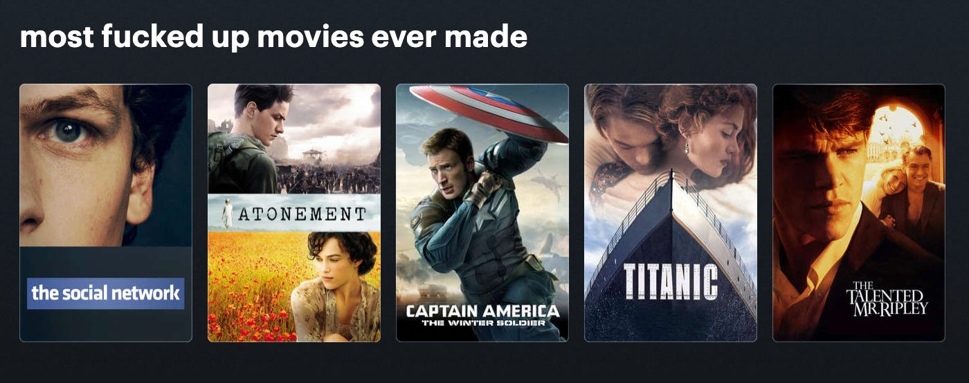 letterboxd list titled 'most fucked up movies ever made'. shows the posters of the social network; atonement; captain america: the winter soldier; titanic; the talented mr. ripley.