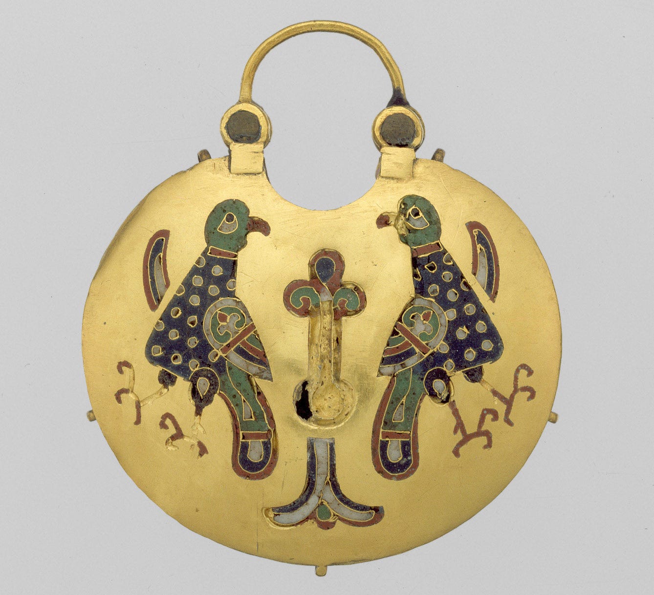 Temple Pendant with Two Birds Flanking a Tree of Life (front) and Geometric Lead Motifs (back), 
				,Enamels-Cloisonné