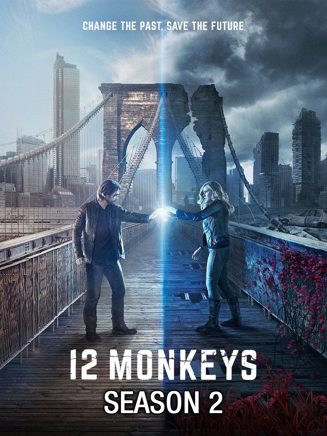 This image shows the one-sheet poster for Season 2 of the SyFy Channel's 2015-2018 program 12 Monkeys. James Cole (played by Aaron Stanford) stands on the left, reaching out to touch the extended hand of Cassandra Railly (played by Amanda Schull), who stands on the right. The slogan "Change the Past, Save the Future" appears in white block letters above them. This image shows the one-sheet poster for Season 2 of the SyFy Channel's 2015-2018 program 12 Monkeys. James Cole (played by Aaron Stanford) stands on the left, reaching out to touch the extended hand of Cassandra Railly (played by Amanda Schull), who stands on the right. The slogan "Change the Past, Save the Future" appears in white block letters above them.