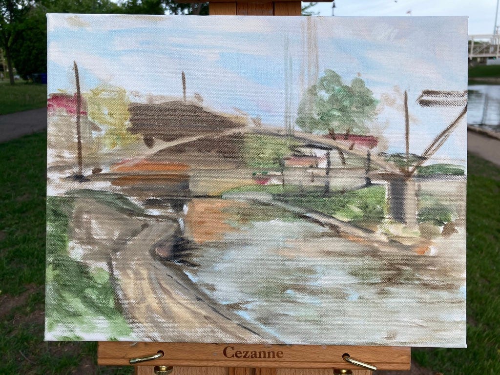 Sketchy oil painting of a bridge over a lock.