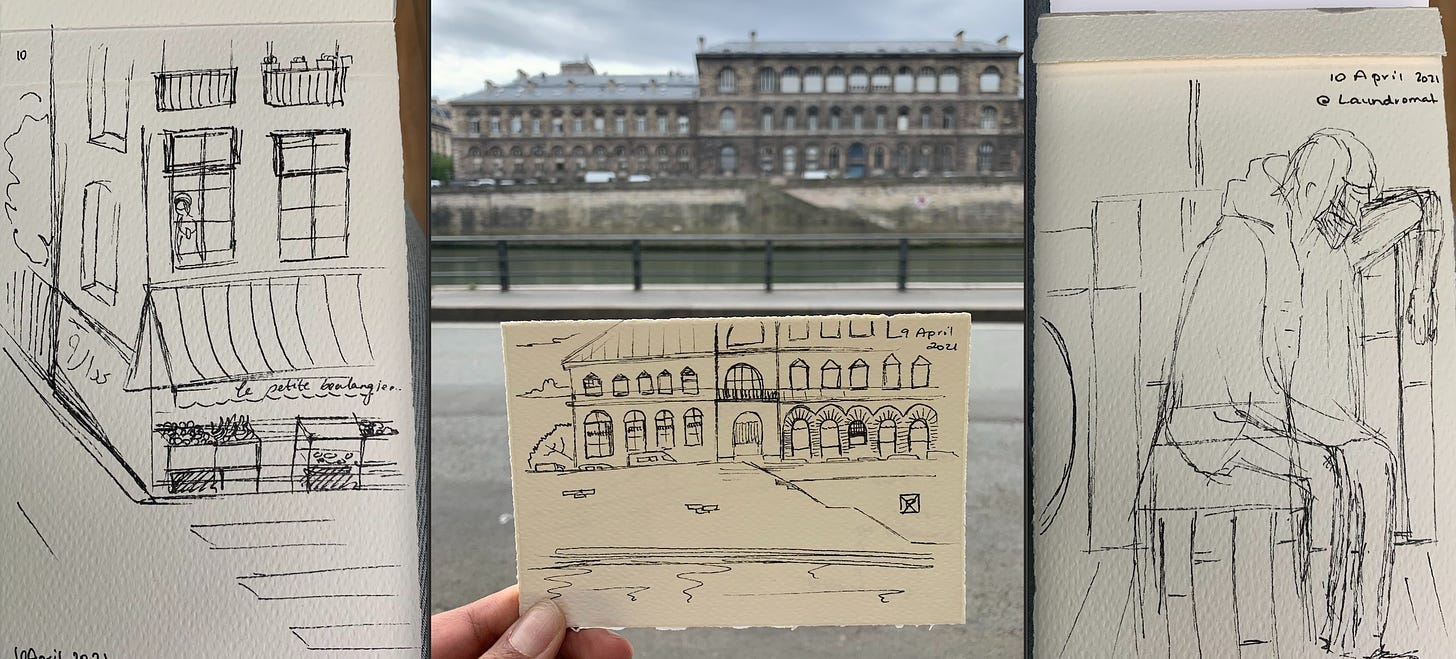 Three sketches by Yassmin, one of a fictional Parisian street, one of a building along the Seine, and the third of a young man in the laundromat