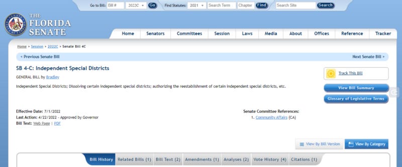 The Cover page to the Florida Senate’s website link of Senate bill 4C