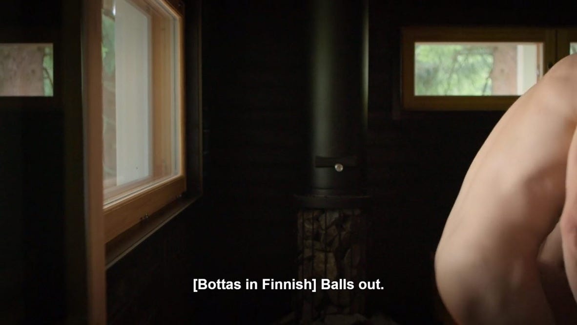 Bottas [SFW] naked in a Sauna, saying "Balls out" in Finnish.