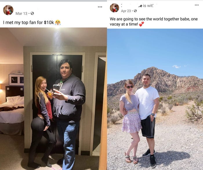 Dude pays 10k to meet a girl he follows on OnlyFans. All he got was a hug.  One month later, that money is funding a trip for her and her actual bf