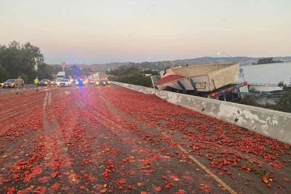 Interstate 80 in Vacaville, Calif., after a big-rig truck crashed and coated eastbound lanes in tomatoes.  