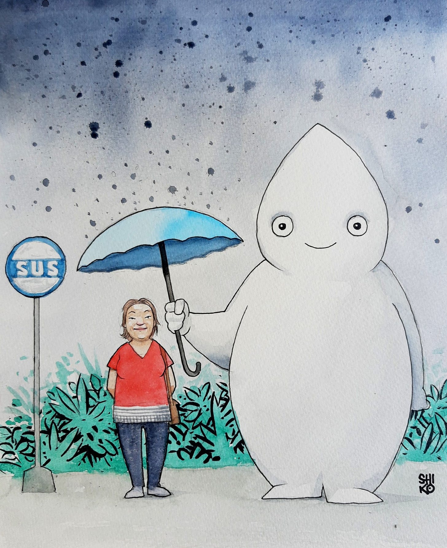 Ilustração remetendo à icônica cena de Meu amigo Totoro, de Miyazaki, em que um gato gigante segura um guarda-chuva para uma garotinha no ponto de ônibus. em vez disso, um Zé Gotinha gigante segurando um guarda-chuva para proteger uma senhora, ao lado de uma placa escrito SUS.
