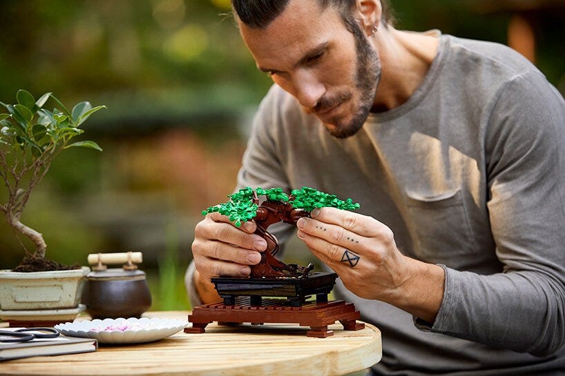 Un ragazzo che cura il suo bonsai fatto di LEGO.